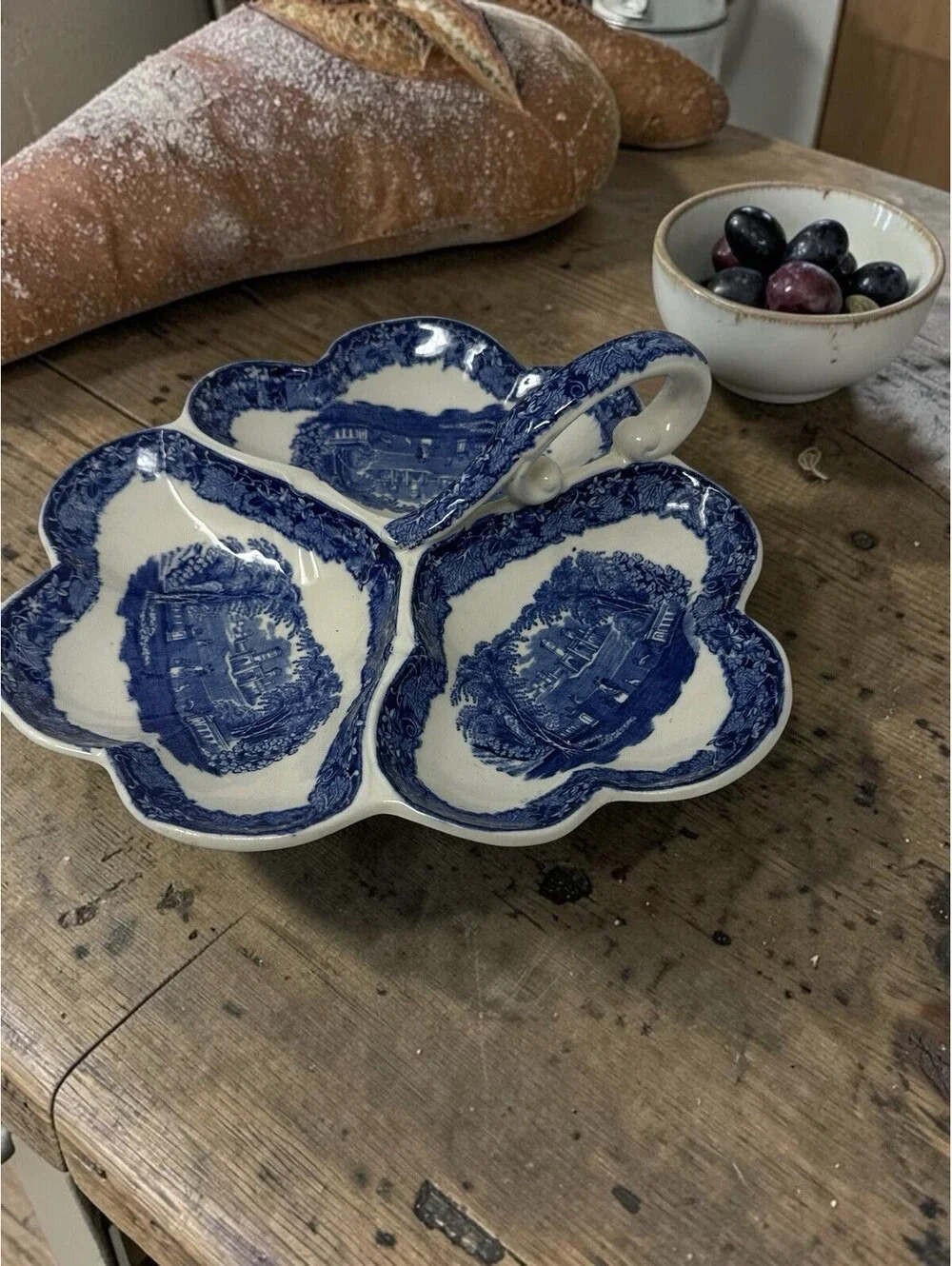 Mason's Blue Vista Divided Handled Serving Dish - English Ironstone